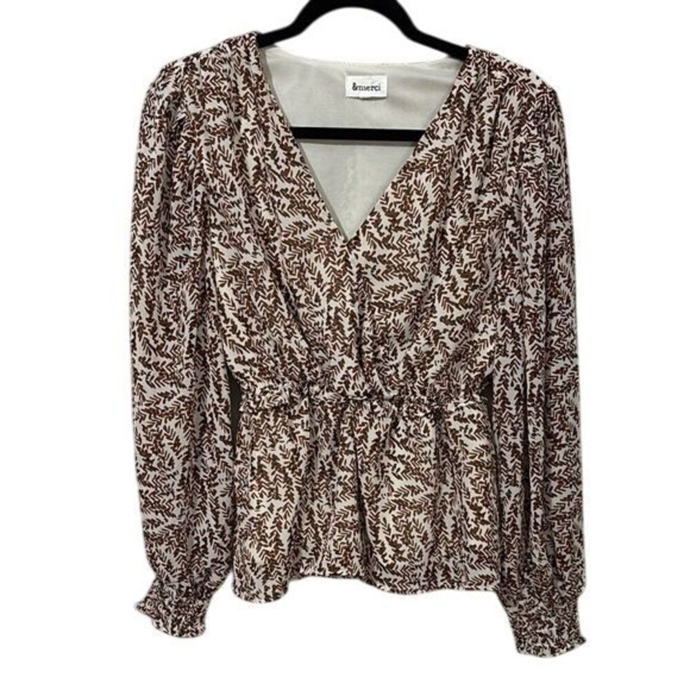 &Merci Elegant Brown Leaf Print V-Neck Peplum Blouse Long Sleeve Romantic Top